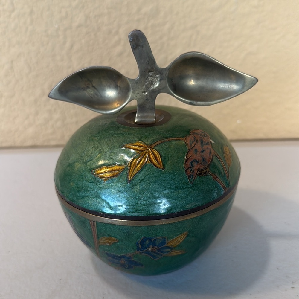 Vintage Brass and Enamel Apple Bowl with Lid 6.5"H - Picture 2 of 5